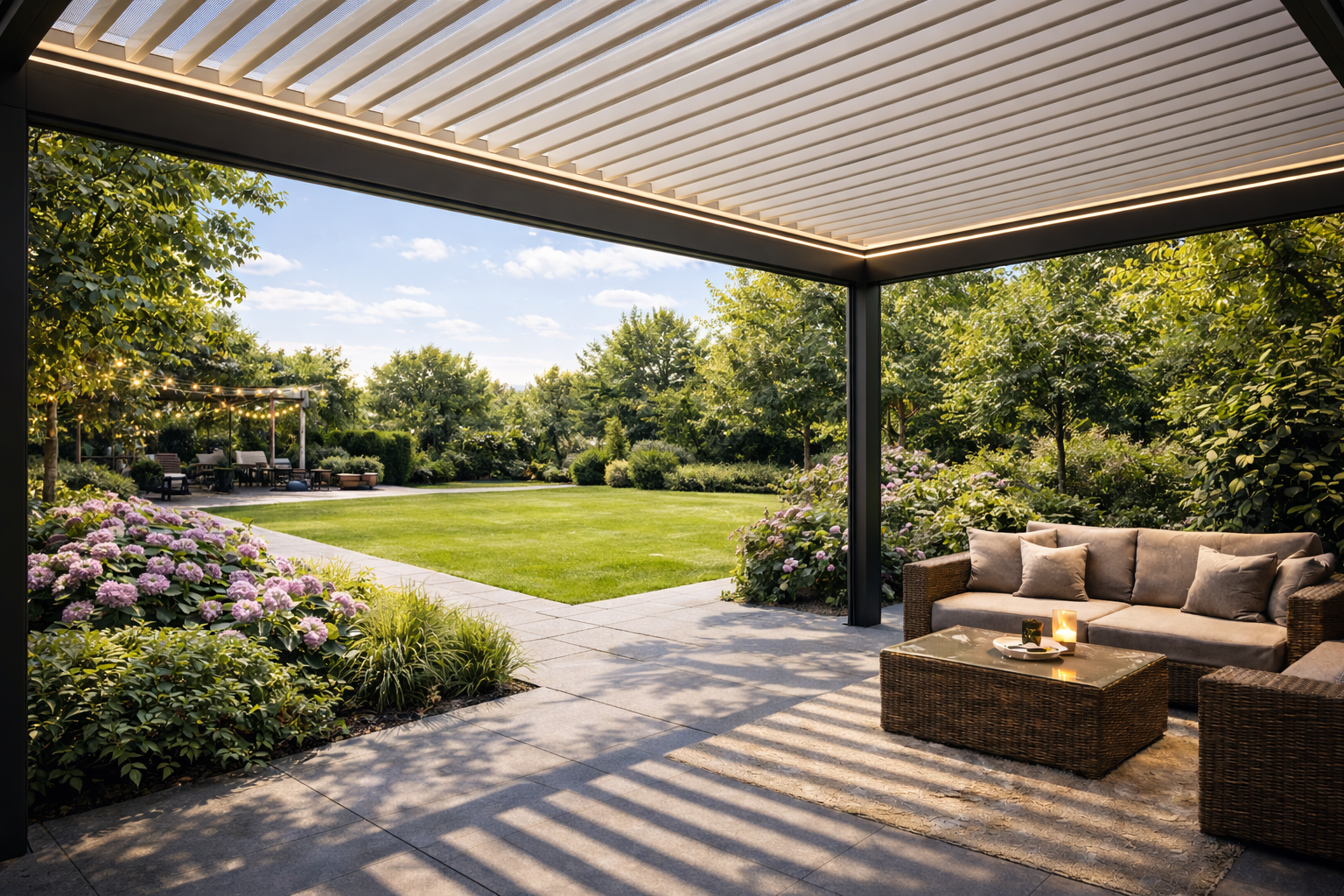 Bioklimatik pergola sistemi ve modern bahçe yaşam alanı